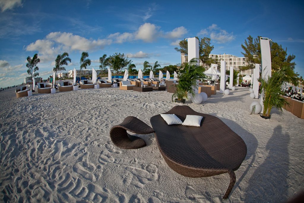 Outdoor lounge furniture rental in St. Pete Beach for beachfront weddings and sunset events
