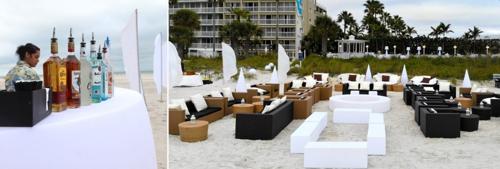 Lounge furniture rental for beach events featuring luxury outdoor seating and sunset-inspired lounge setups
