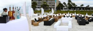 Lounge furniture rental for beach events featuring luxury outdoor seating and sunset-inspired lounge setups
